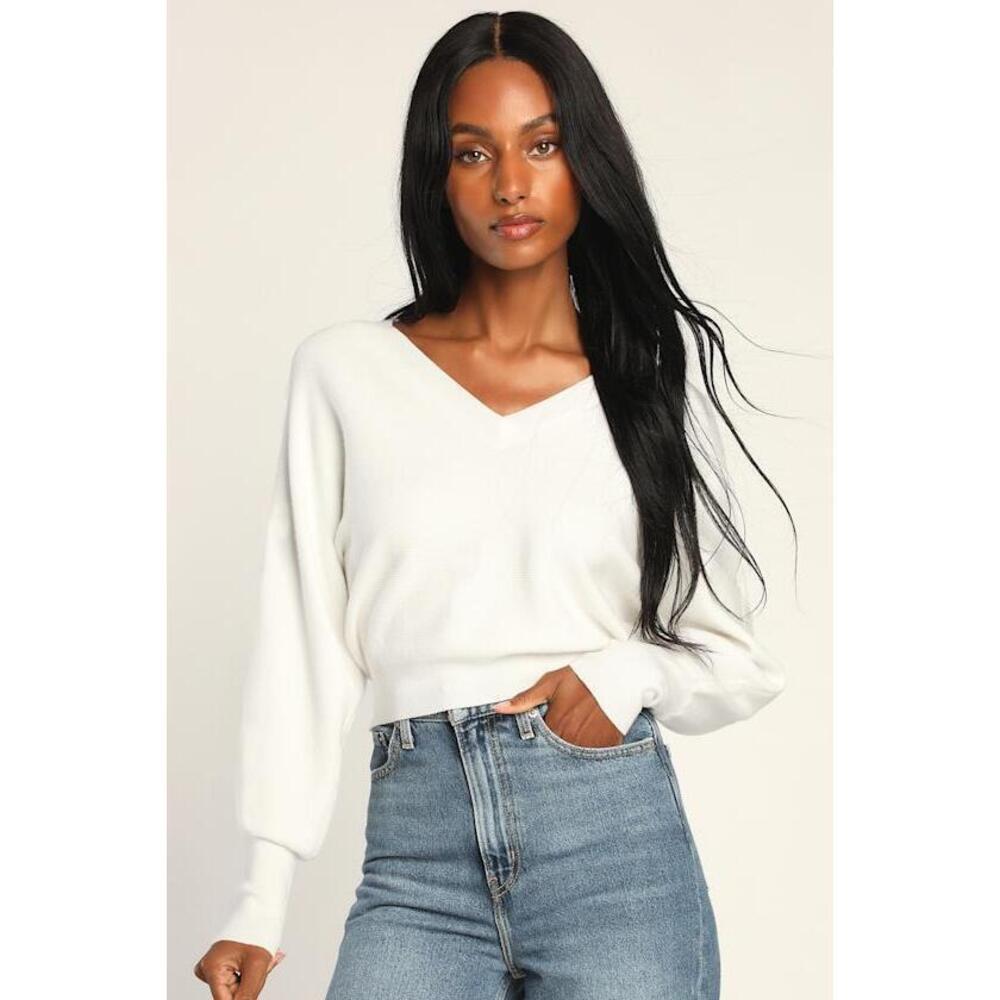 Lulus Falling For Knit White Long Sleeve Pullover Sweater Top - Size M